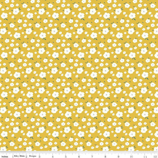 Image of Serendipity 2 Flower Bed Golden quilting cotton fabric by Minki Kim for Riley Blake Designs. Features flowers on a yellow background. Cute Little Fabric Shop.