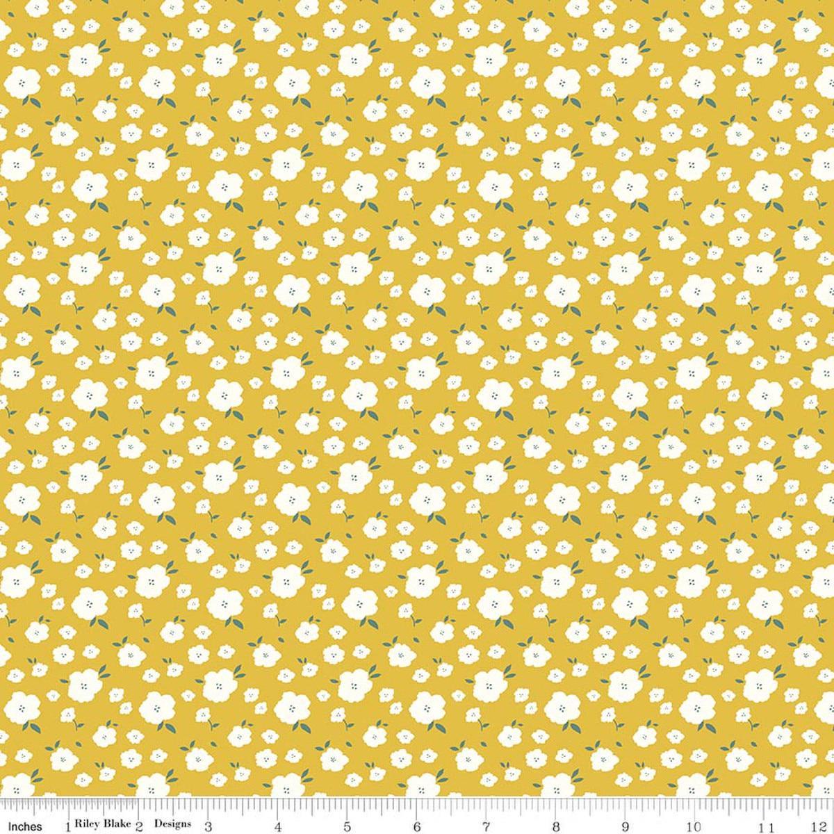 Image of Serendipity 2 Flower Bed Golden quilting cotton fabric by Minki Kim for Riley Blake Designs. Features flowers on a yellow background. Cute Little Fabric Shop.