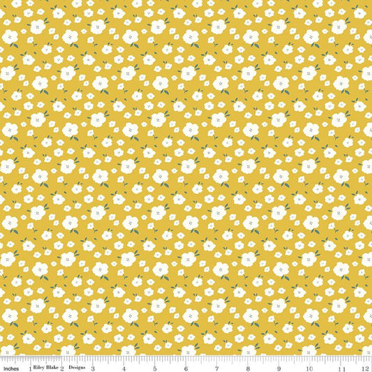Image of Serendipity 2 Flower Bed Golden quilting cotton fabric by Minki Kim for Riley Blake Designs. Features flowers on a yellow background. Cute Little Fabric Shop.
