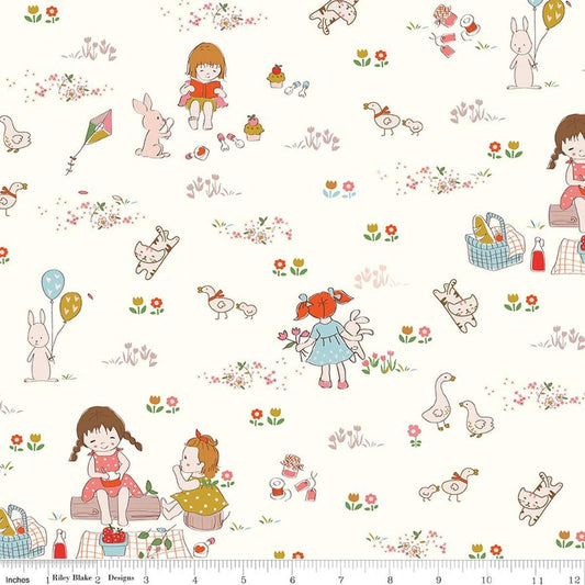Image of Serendipity 2 Main Cream quilting cotton fabric by Minki Kim for Riley Blake Designs. Features a picnic scene on a cream background. Cute Little Fabric Shop.
