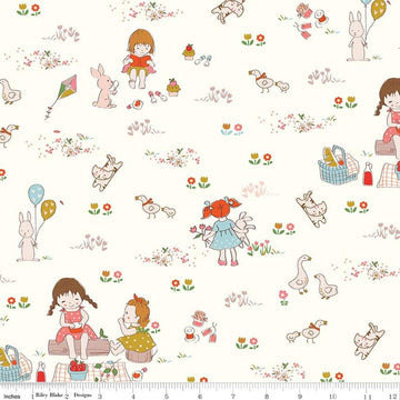 Image of Serendipity 2 Main Cream quilting cotton fabric by Minki Kim for Riley Blake Designs. Features a picnic scene on a cream background. Cute Little Fabric Shop.