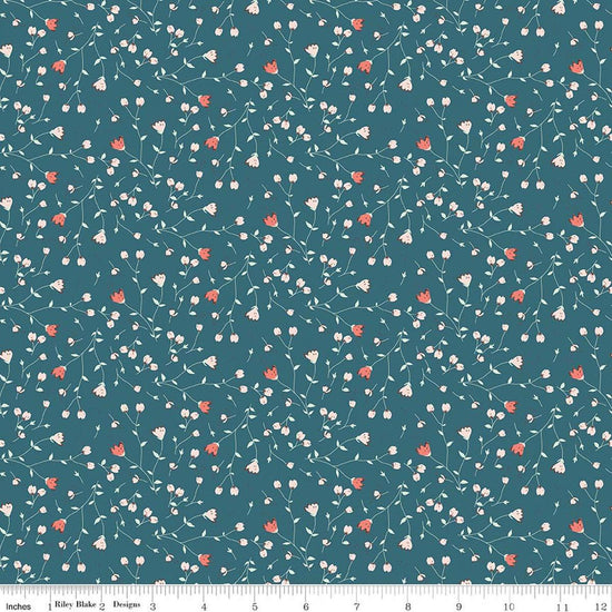 Image of Serendipity 2 Floral Raindrop quilting cotton fabric by Minki Kim for Riley Blake Designs. Features flowers on a blue background. Cute Little Fabric Shop.
