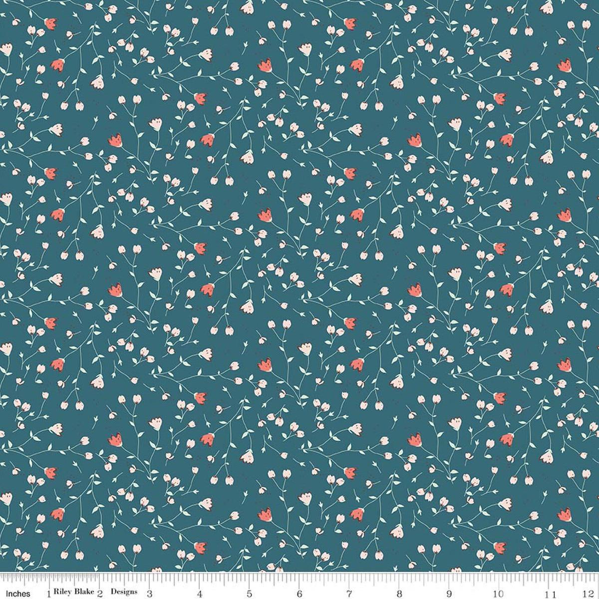 Image of Serendipity 2 Floral Raindrop quilting cotton fabric by Minki Kim for Riley Blake Designs. Features flowers on a blue background. Cute Little Fabric Shop.