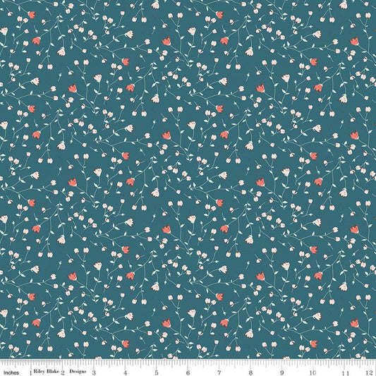 Image of Serendipity 2 Floral Raindrop quilting cotton fabric by Minki Kim for Riley Blake Designs. Features flowers on a blue background. Cute Little Fabric Shop.