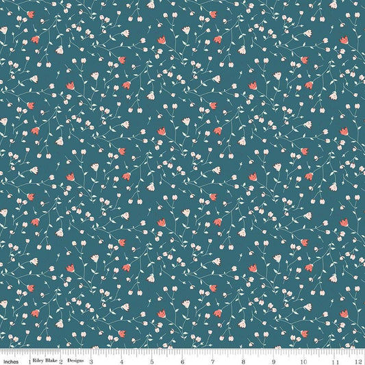 Image of Serendipity 2 Floral Raindrop quilting cotton fabric by Minki Kim for Riley Blake Designs. Features flowers on a blue background. Cute Little Fabric Shop.