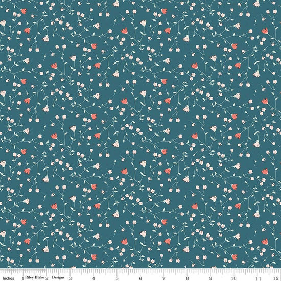Image of Serendipity 2 Floral Raindrop quilting cotton fabric by Minki Kim for Riley Blake Designs. Features flowers on a blue background. Cute Little Fabric Shop.