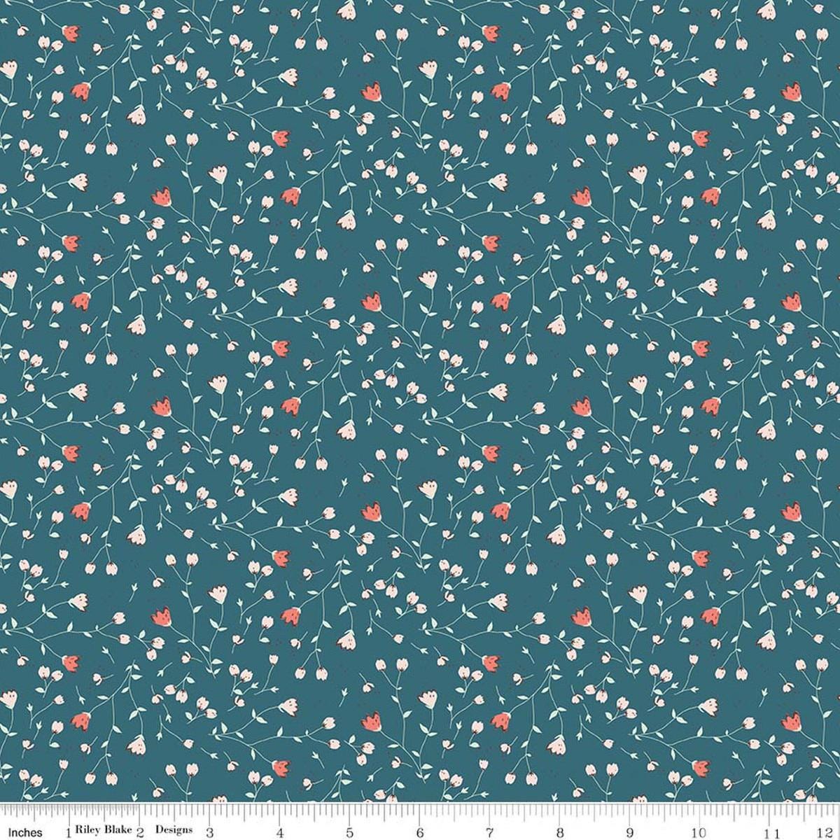 Image of Serendipity 2 Floral Raindrop quilting cotton fabric by Minki Kim for Riley Blake Designs. Features flowers on a blue background. Cute Little Fabric Shop.