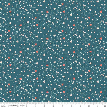 Image of Serendipity 2 Floral Raindrop quilting cotton fabric by Minki Kim for Riley Blake Designs. Features flowers on a blue background. Cute Little Fabric Shop.
