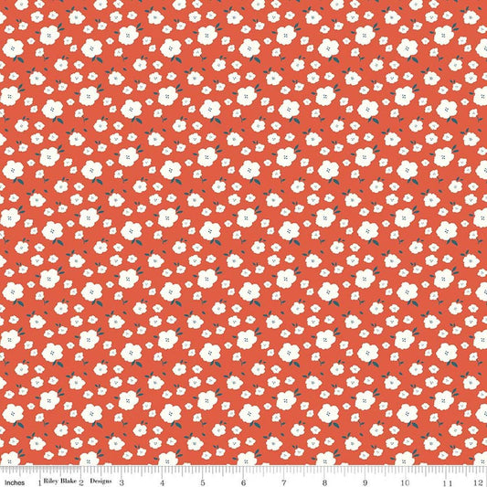 Image of Serendipity 2 Flower Bed Orange quilting cotton fabric by Minki Kim for Riley Blake Designs. Features flowers on an orange background. Cute Little Fabric Shop.