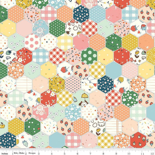 Image of Serendipity 2 Cheater Print Multi quilting cotton fabric by Minki Kim for Riley Blake Designs. Features printed quilting hexagons on a pink background. Cute Little Fabric Shop.
