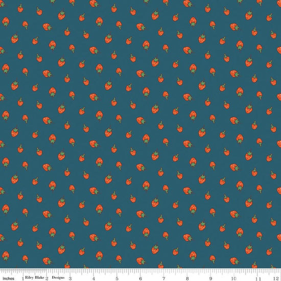 Image of Serendipity 2 Strawberries Stargazer quilting cotton fabric by Minki Kim for Riley Blake Designs. Features strawberries on a blue background. Cute Little Fabric Shop.