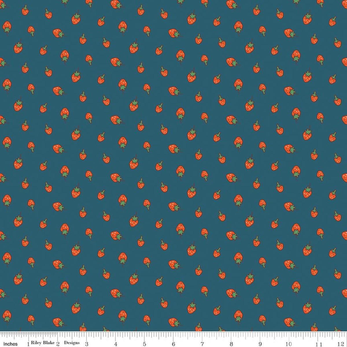 Image of Serendipity 2 Strawberries Stargazer quilting cotton fabric by Minki Kim for Riley Blake Designs. Features strawberries on a blue background. Cute Little Fabric Shop.