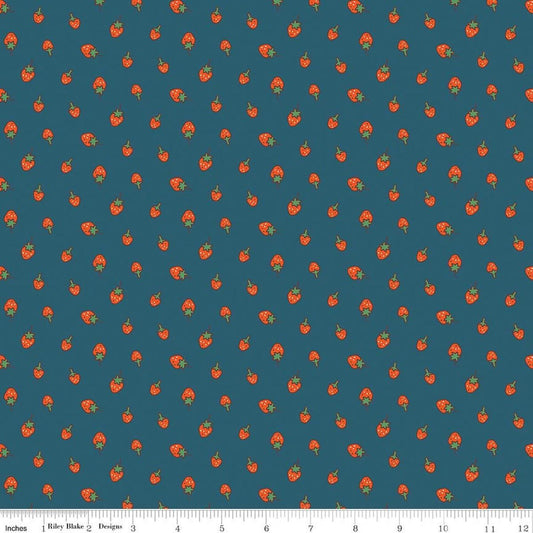Image of Serendipity 2 Strawberries Stargazer quilting cotton fabric by Minki Kim for Riley Blake Designs. Features strawberries on a blue background. Cute Little Fabric Shop.