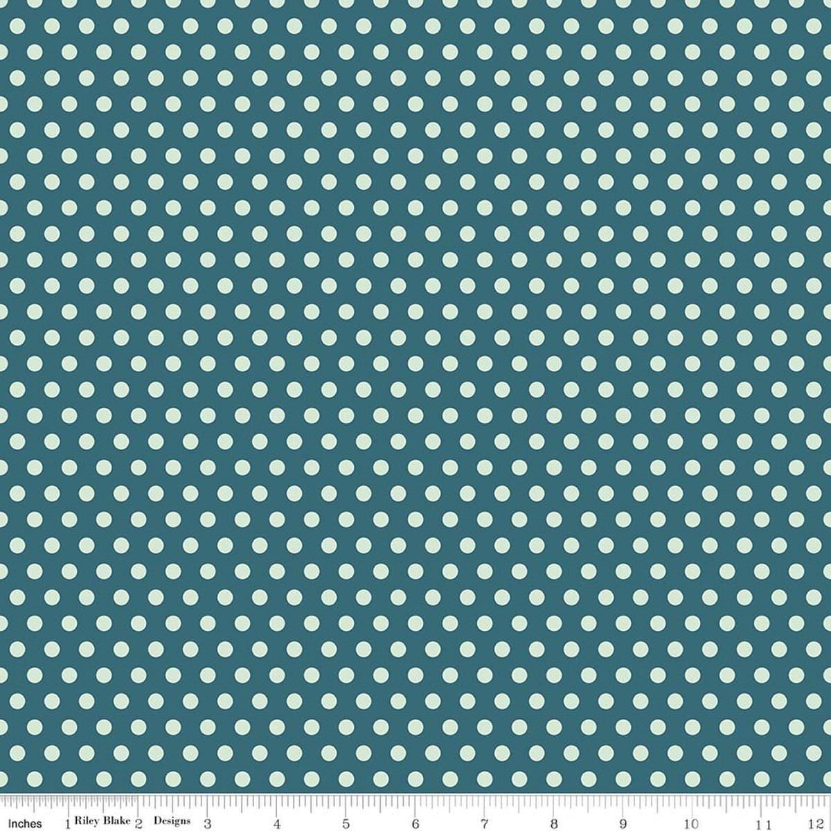 Image of Serendipity 2 Dots Raindrop quilting cotton fabric by Minki Kim for Riley Blake Designs. Features polka dots on a blue background. Cute Little Fabric Shop.