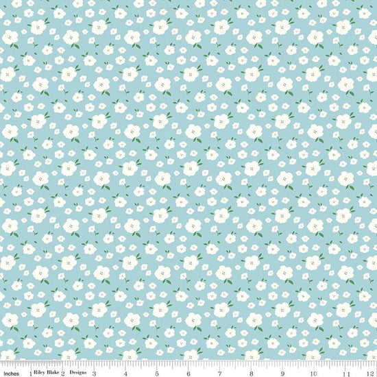 Image of Serendipity 2 Flower Bed Powder quilting cotton fabric by Minki Kim for Riley Blake Designs. Features flowers on a blue background. Cute Little Fabric Shop.