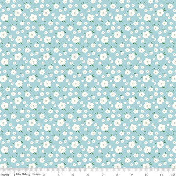 Image of Serendipity 2 Flower Bed Powder quilting cotton fabric by Minki Kim for Riley Blake Designs. Features flowers on a blue background. Cute Little Fabric Shop.