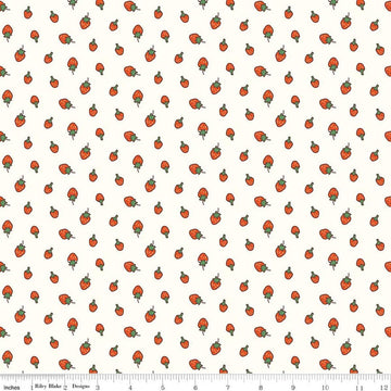 Image of Serendipity 2 Strawberries Cream quilting cotton fabric by Minki Kim for Riley Blake Designs. Features strawberries on a cream background. Cute Little Fabric Shop.