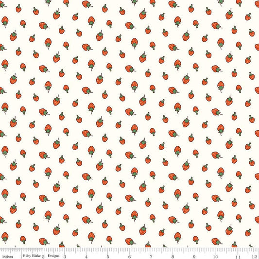 Image of Serendipity 2 Strawberries Cream quilting cotton fabric by Minki Kim for Riley Blake Designs. Features strawberries on a cream background. Cute Little Fabric Shop.