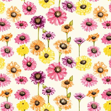 Fat Quarter End of Bolt - Adel in Summer Main C13390 Cream - Riley Blake Designs - Floral Flowers Zinnias - Quilting Cotton Fabric