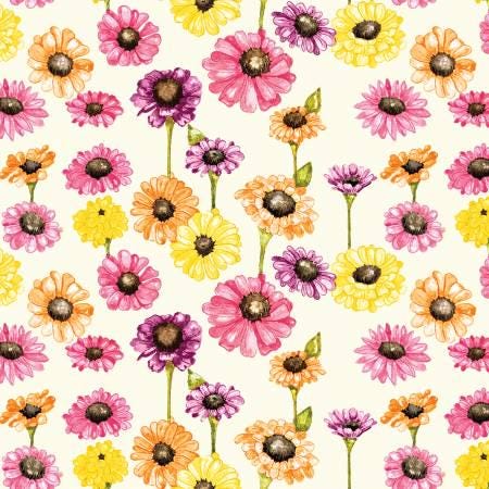 Fat Quarter End of Bolt - Adel in Summer Main C13390 Cream - Riley Blake Designs - Floral Flowers Zinnias - Quilting Cotton Fabric