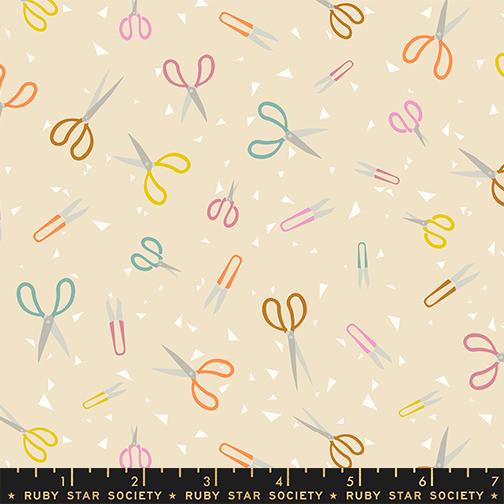 Image of Paper Cuts 2 Scissors Parchment quilting cotton fabric by Ruby Star Society for Moda Fabrics. Features scissors on a cream background. Cute Little Fabric Shop.
