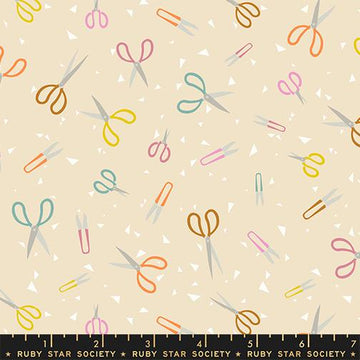 Image of Paper Cuts 2 Scissors Parchment quilting cotton fabric by Ruby Star Society for Moda Fabrics. Features scissors on a cream background. Cute Little Fabric Shop.