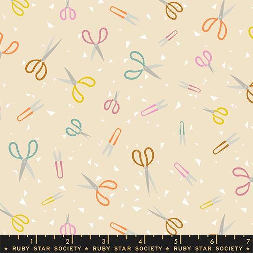 Image of Paper Cuts 2 Scissors Parchment quilting cotton fabric by Ruby Star Society for Moda Fabrics. Features scissors on a cream background. Cute Little Fabric Shop.