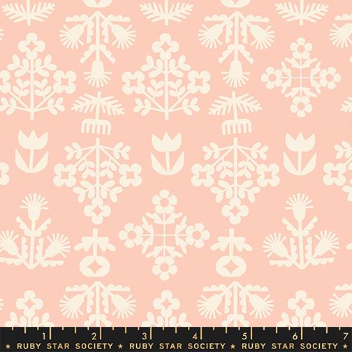 Image of Paper Cuts 2 Fresh Peach Puff quilting cotton fabric by Ruby Star Society for Moda Fabrics. Features flowers on a pink background. Cute Little Fabric Shop.