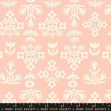 Image of Paper Cuts 2 Fresh Peach Puff quilting cotton fabric by Ruby Star Society for Moda Fabrics. Features flowers on a pink background. Cute Little Fabric Shop.