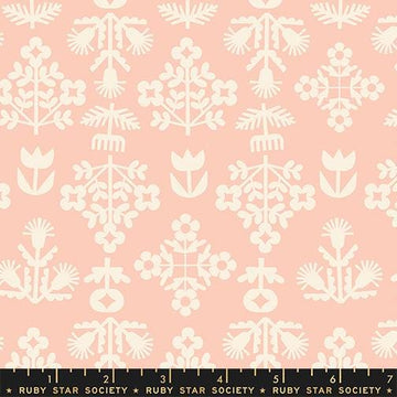 Image of Paper Cuts 2 Fresh Peach Puff quilting cotton fabric by Ruby Star Society for Moda Fabrics. Features flowers on a pink background. Cute Little Fabric Shop.