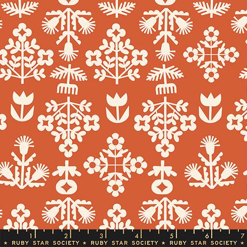 Image of Paper Cuts 2 Fresh Persimmon quilting cotton fabric by Ruby Star Society for Moda Fabrics. Features flowers on an orange background. Cute Little Fabric Shop.