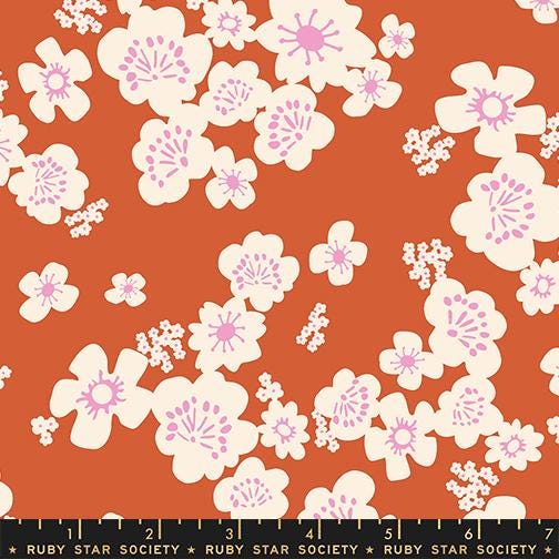 Image of Paper Cuts 2 Florals Persimmon quilting cotton fabric by Ruby Star Society for Moda Fabrics. Features flowers on an orange background. Cute Little Fabric Shop.
