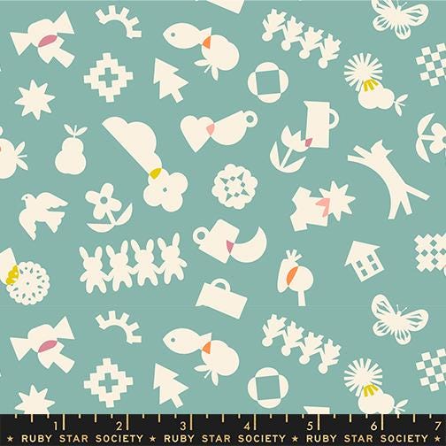 Image of Paper Cuts 2 Shapes Water quilting cotton fabric by Ruby Star Society for Moda Fabrics. Features shapes on a blue background. Cute Little Fabric Shop.