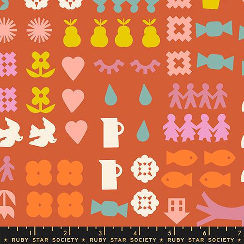 Image of Paper Cuts 2 Novelty Persimmon quilting cotton fabric by Ruby Star Society for Moda Fabrics. Features shapes on an orange background. Cute Little Fabric Shop.