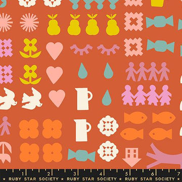 Image of Paper Cuts 2 Novelty Persimmon quilting cotton fabric by Ruby Star Society for Moda Fabrics. Features shapes on an orange background. Cute Little Fabric Shop.