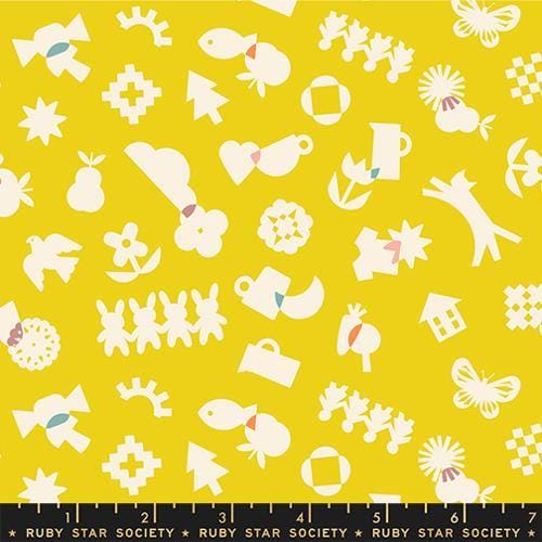 Image of Paper Cuts 2 Shapes Starfruit quilting cotton fabric by Ruby Star Society for Moda Fabrics. Features shapes on a yellow background. Cute Little Fabric Shop.