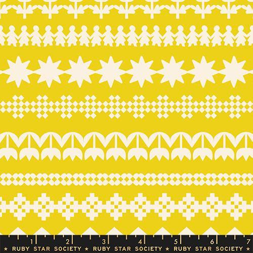 Image of Paper Cuts 2 Cuttings Starfruit quilting cotton fabric by Ruby Star Society for Moda Fabrics. Features shapes on a yellow background. Cute Little Fabric Shop.
