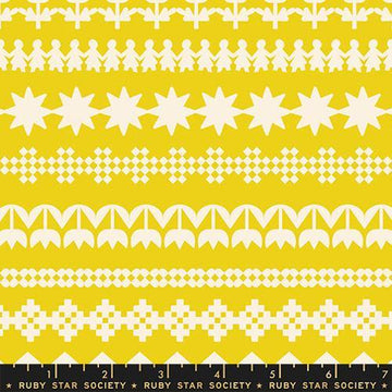 Image of Paper Cuts 2 Cuttings Starfruit quilting cotton fabric by Ruby Star Society for Moda Fabrics. Features shapes on a yellow background. Cute Little Fabric Shop.