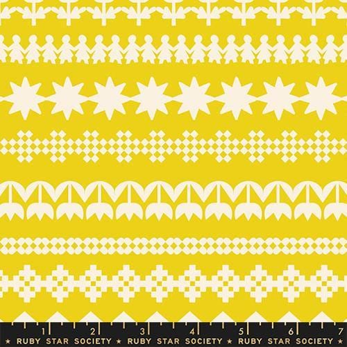 Image of Paper Cuts 2 Cuttings Starfruit quilting cotton fabric by Ruby Star Society for Moda Fabrics. Features shapes on a yellow background. Cute Little Fabric Shop.