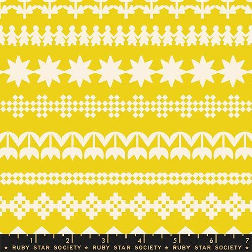 Image of Paper Cuts 2 Cuttings Starfruit quilting cotton fabric by Ruby Star Society for Moda Fabrics. Features shapes on a yellow background. Cute Little Fabric Shop.