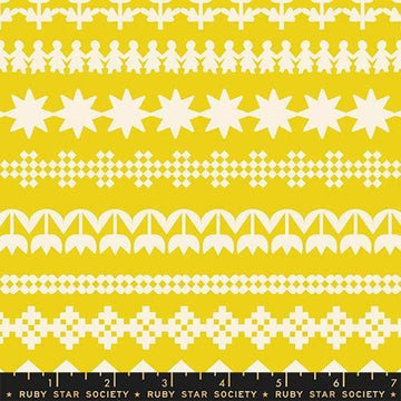 Image of Paper Cuts 2 Cuttings Starfruit quilting cotton fabric by Ruby Star Society for Moda Fabrics. Features shapes on a yellow background. Cute Little Fabric Shop.