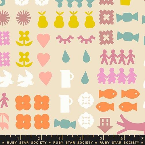 Image of Paper Cuts 2 Novelty Parchment quilting cotton fabric by Ruby Star Society for Moda Fabrics. Features shapes on a cream background. Cute Little Fabric Shop.