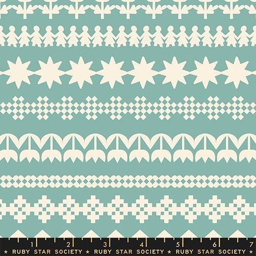 Image of Paper Cuts 2 Cuttings Water quilting cotton fabric by Ruby Star Society for Moda Fabrics. Features shapes on a blue background. Cute Little Fabric Shop.