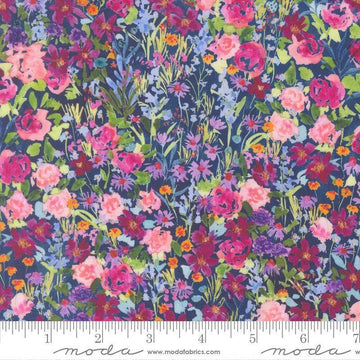 Image of Soulstice Garden Navy quilting cotton fabric by Create Joy Project for Moda Fabrics. Features floral watercolors on a pink background. Cute Little Fabric Shop.