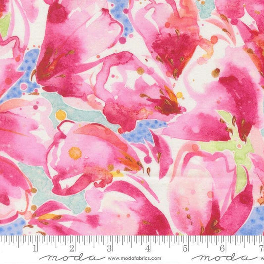Image of Soulstice Kabloom Peony quilting cotton fabric by Create Joy Project for Moda Fabrics. Features floral watercolors on a pink background. Cute Little Fabric Shop.
