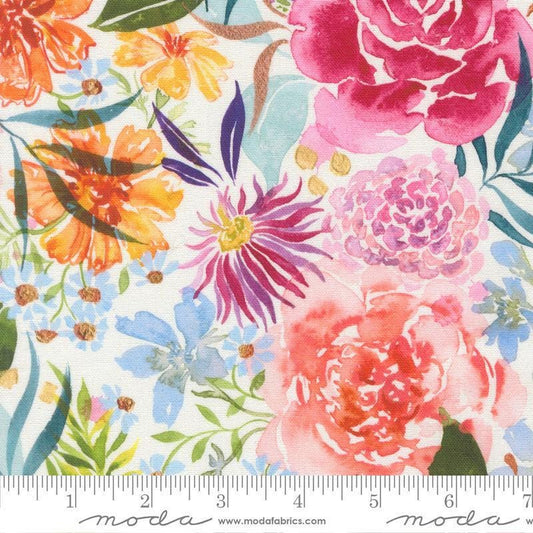Image of Soulstice Midsummer canvas quilting cotton fabric by Create Joy Project for Moda Fabrics. Features floral watercolors on a white background. Cute Little Fabric Shop.