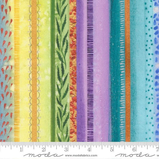 Image of Soulstice Socialite Rainbow quilting cotton fabric by Create Joy Project for Moda Fabrics. Features abstract watercolors on a multicolored background. Cute Little Fabric Shop.
