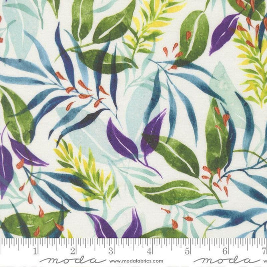 Image of Soulstice Verdant Fern quilting cotton fabric by Create Joy Project for Moda Fabrics. Features plants watercolors on a white background. Cute Little Fabric Shop.