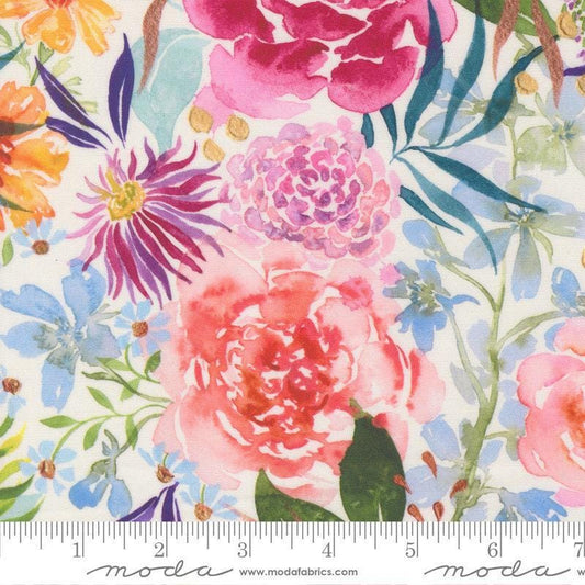 Image of Soulstice Midsummer Cloud quilting cotton fabric by Create Joy Project for Moda Fabrics. Features floral watercolors on a white background. Cute Little Fabric Shop.