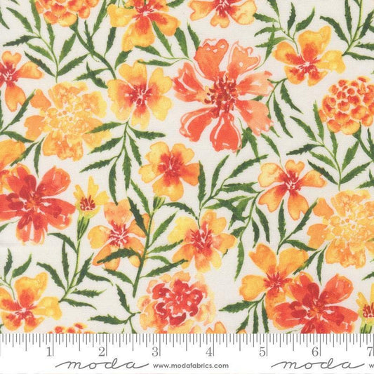 Image of Soulstice Golden Coral quilting cotton fabric by Create Joy Project for Moda Fabrics. Features floral watercolors on an orange background. Cute Little Fabric Shop.